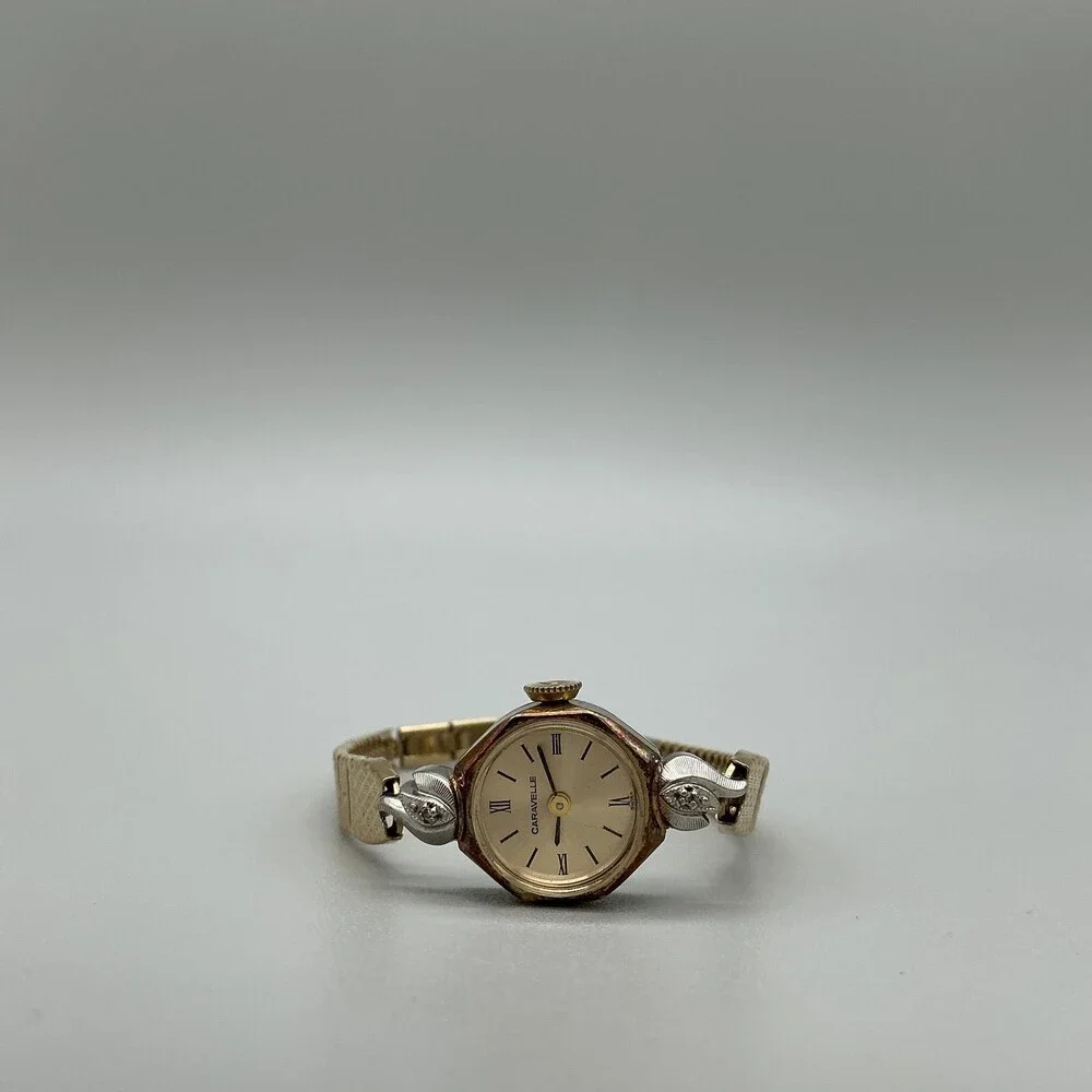 Vintage Caravelle Womens Watch 14mm Champagne Gold Tone Bracelet Diamond Manual